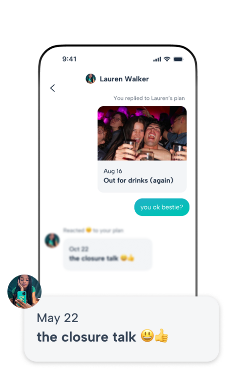 Howbout app interface showing an integrated group chat attached to a specific event plan with a quick-access header for dates and RSVP status.
